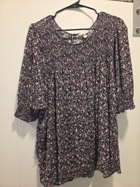 Terra & Sky Black Floral Smocked Peasant Blouse with Pink Flowers